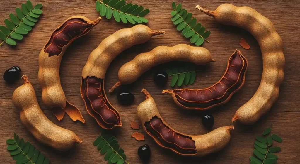 Freshly harvested imli plant tamarind pods arranged on rustic wood with cracked pods revealing sticky dark pulp