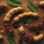 Freshly harvested imli plant tamarind pods arranged on rustic wood with cracked pods revealing sticky dark pulp