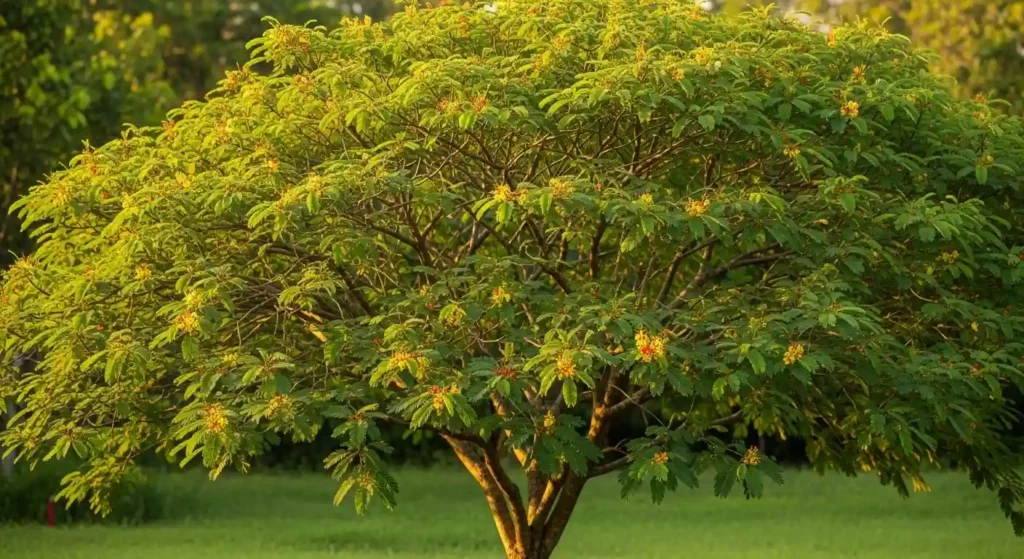 Tamarindus indica growing in a sunny tropical garden with feathery green leaves and wide spreading canopy