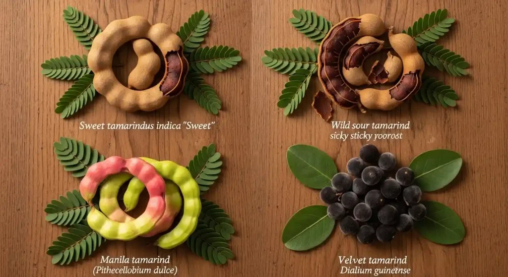 Four types of imli plant varieties in a botanical flat lay — sweet tamarind, sour tamarind, Manila tamarind and velvet tamarind pods with leaves