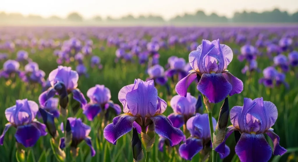 A sweeping field of purple iris flowers in full bloom with soft bokeh background and morning dew on petals