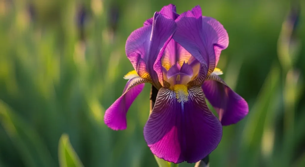 Close-up of a purple bearded iris flower in full bloom with golden beard and green garden background