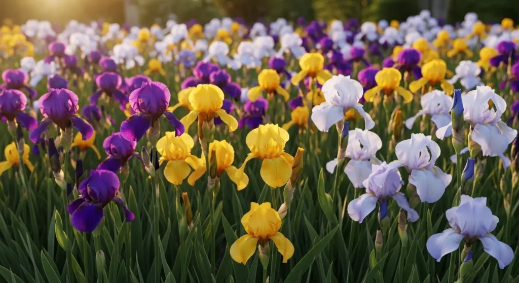 Colorful iris flowers blooming in a garden bed with purple, yellow, white and blue varieties in full bloom
