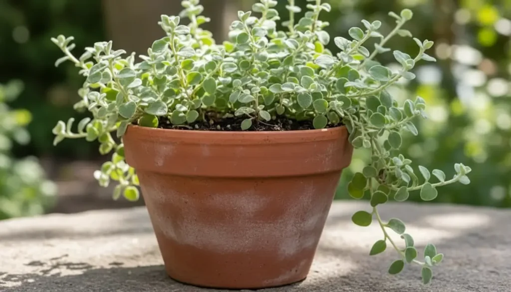 Trailing Helichrysum petiolare with silver fuzzy leaves in a terracotta pot