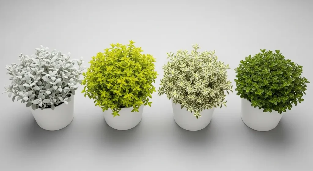 Licorice plant care varieties four types of Helichrysum petiolare including Limelight, Variegatum, White Licorice, and Roundabout