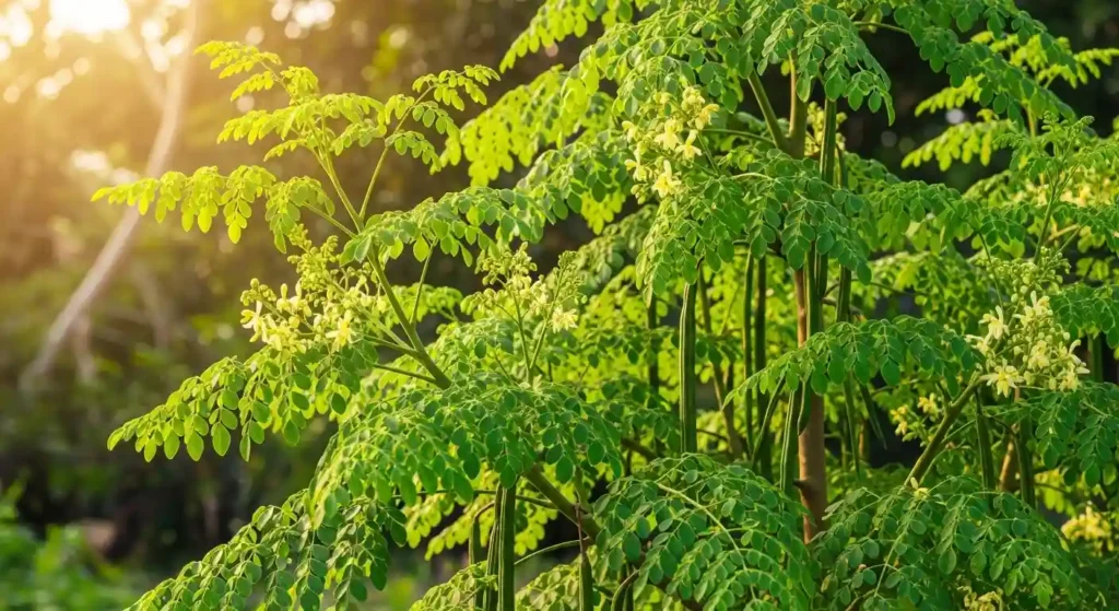 Moringa oleifera with feathery green leaves, long drumstick seed pods, and white flowers growing in a sunny tropical garden