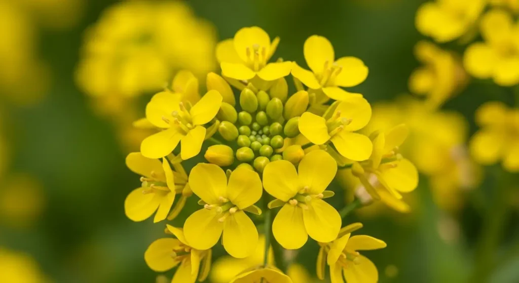 Extreme close-up of bright yellow mustard tree flowers with four petals in full bloom