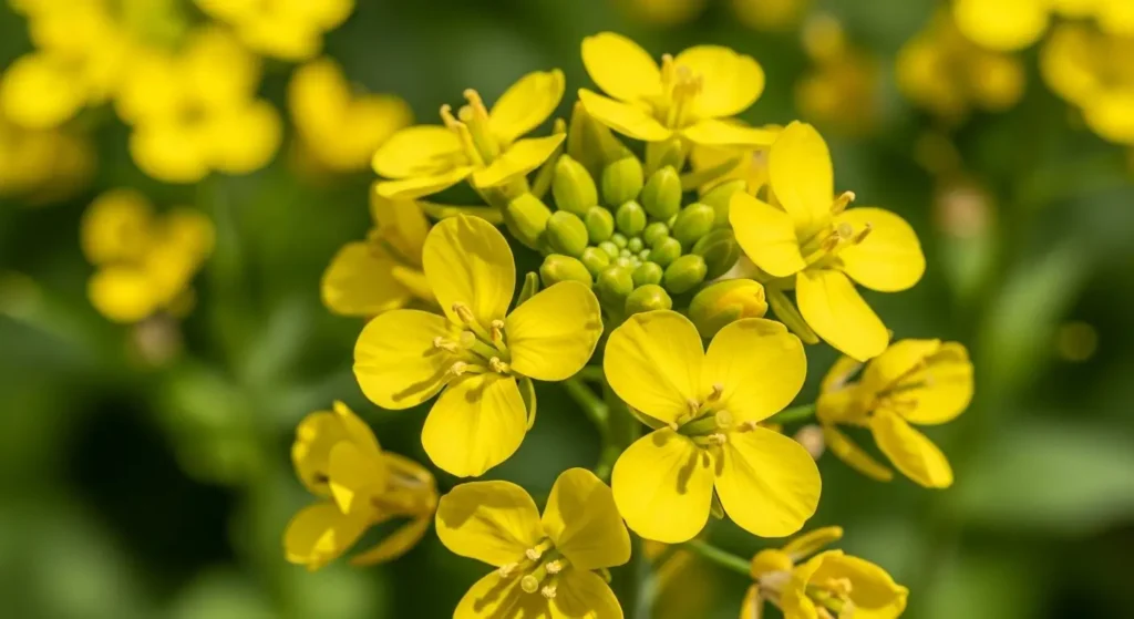 Wide field of mustard trees in full yellow bloom under a clear blue sky