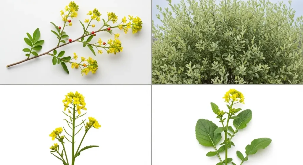 Four types of mustard tree including Salvadora persica, Salvadora oleoides, Brassica nigra, and Brassica oleracea