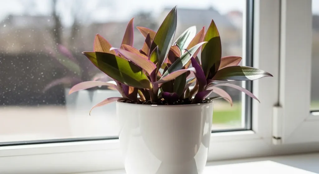 Tradescantia spathacea in a white ceramic pot on a bright windowsill showing purple undersides and glossy green leaves