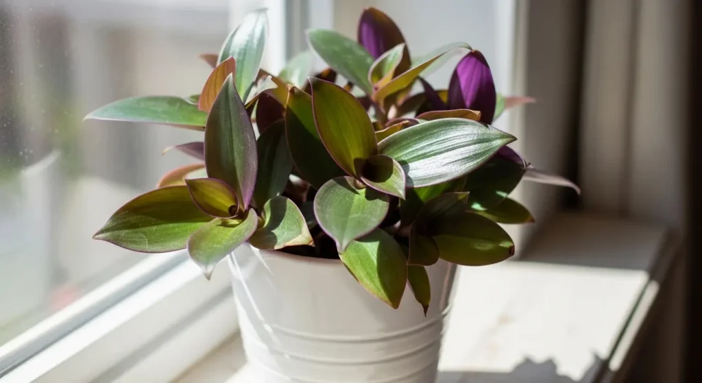 Close-up of oyster plant leaves showing the dramatic contrast between glossy green tops and deep purple undersides