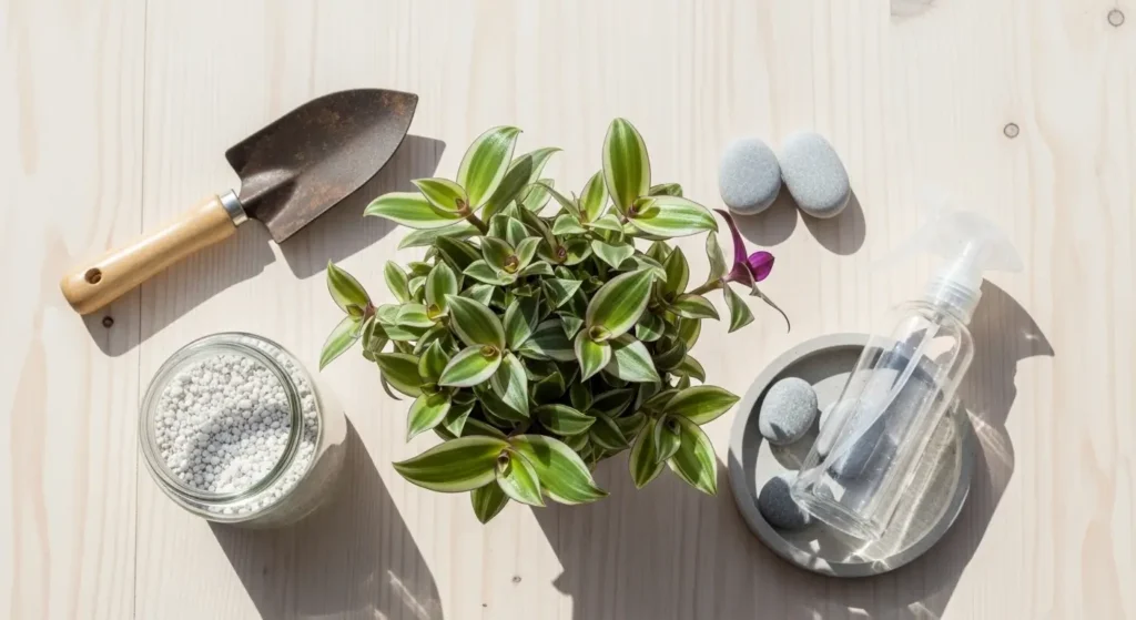Oyster plant care essentials including a Tradescantia spathacea plant, perlite, trowel, and spray bottle on a wooden surface