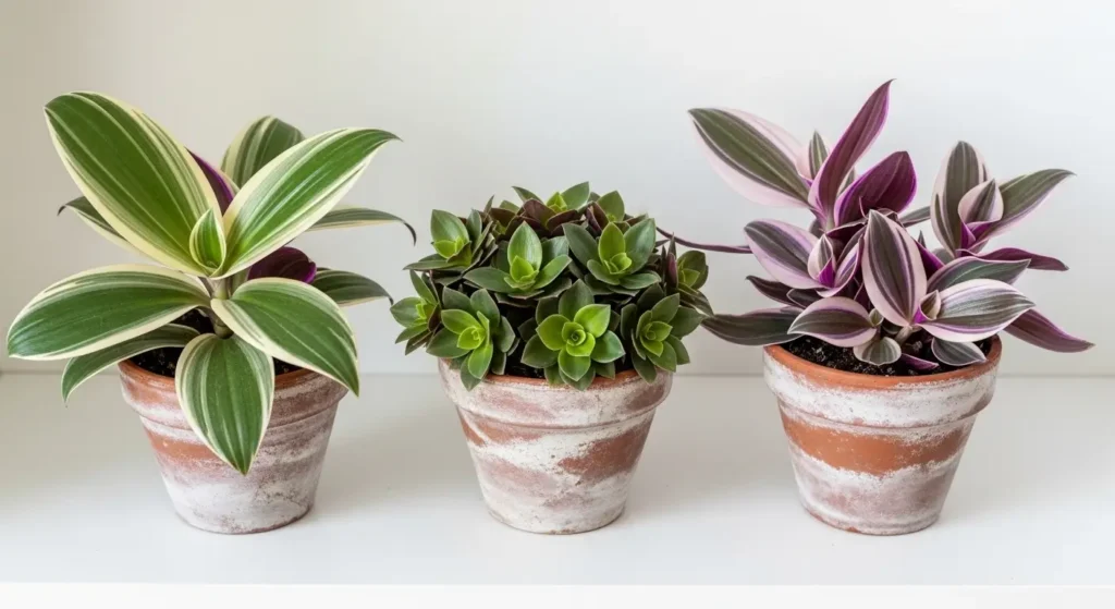 Three oyster plant varieties — Tradescantia spathacea Vittata, Compacta, and Tricolor displayed in terracotta pots on a white shelf