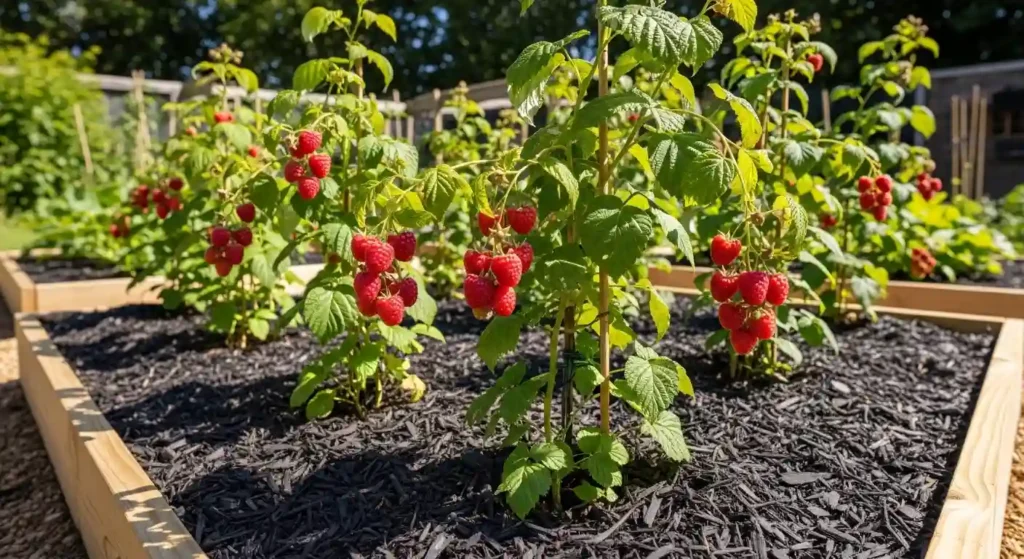 Red berries growing on green canes in raised garden beds with mulched soil