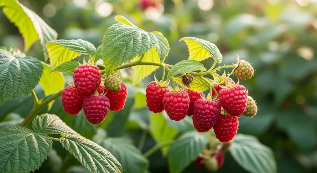 Ripe red berries growing on a healthy raspberry plant in a sunny garden