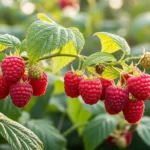 Ripe red berries growing on a healthy raspberry plant in a sunny garden