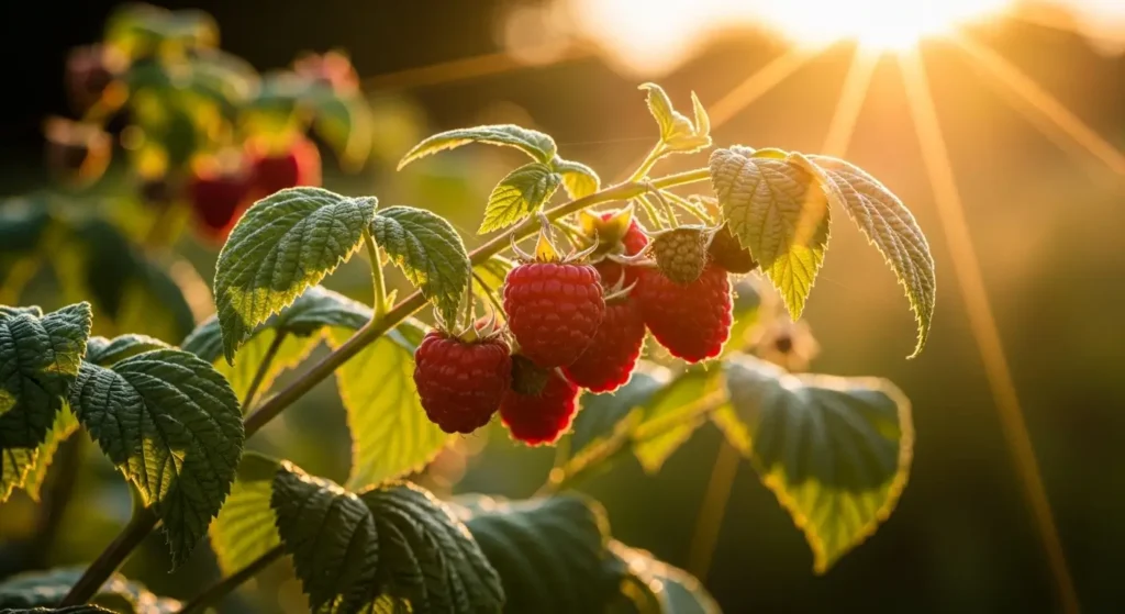 Healthy raspberry plant canes loaded Close-up of raspberry plant canes and ripe berries in golden hour light