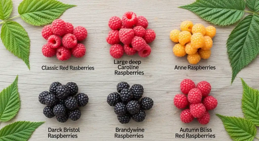 Six types of raspberry plant varieties including red, golden, black, and purple raspberries arranged on a wooden surface