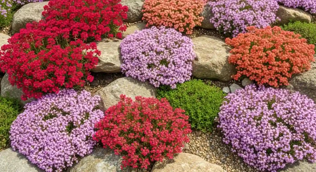 Different types of red creeping thyme varieties blooming in a sunny rock garden with crimson, pink and lavender flowers