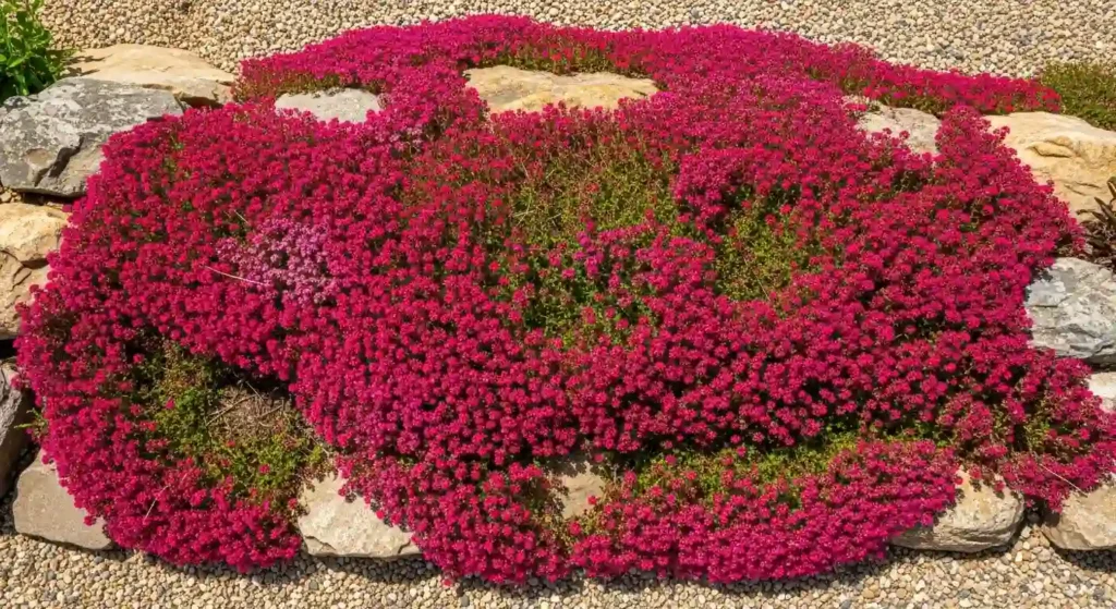 Creeping thyme spreading across a rocky garden slope covered in vivid crimson-red blooms in full summer sun