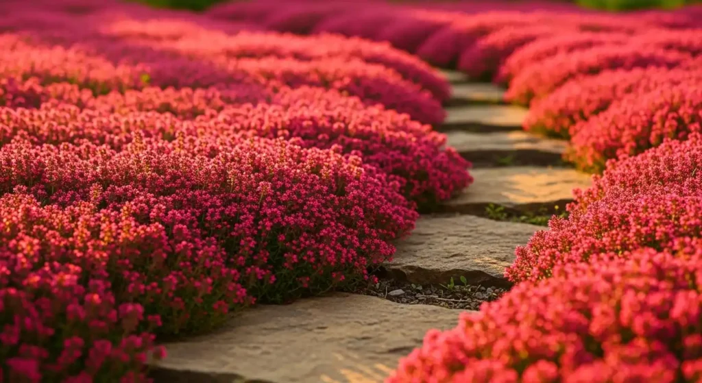 Red creeping thyme in full bloom forming a dense magenta-red carpet between garden stepping stones