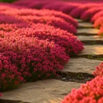 Red creeping thyme in full bloom forming a dense magenta-red carpet between garden stepping stones