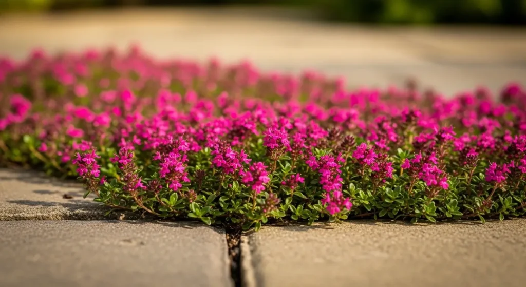 Red creeping thyme cascading over stone pavers in full bloom with vivid magenta-red flowers in a sunny garden