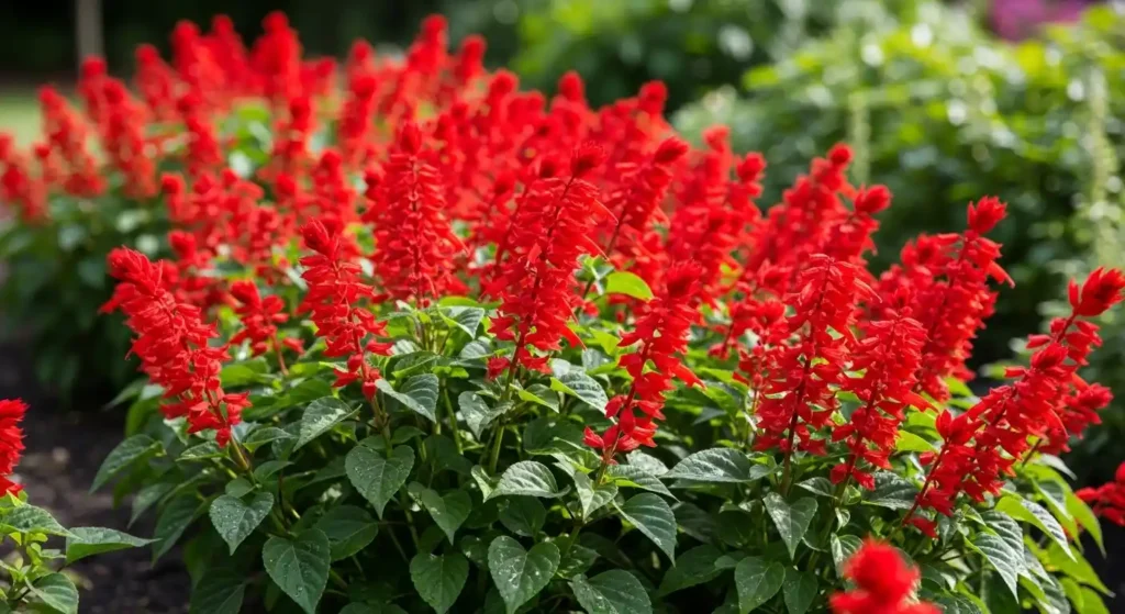 Red salvias plant in full bloom with tall scarlet flower spikes in a sunny garden bed