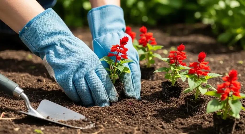 Gardener planting scarlet sage seedlings in well-draining loamy garden soil