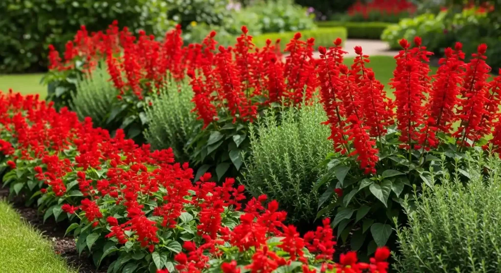 Five red salvias plant varieties including Vista Red, Sizzler Red, St. John's Fire, Salsa Red and Bonfire growing together in a garden border