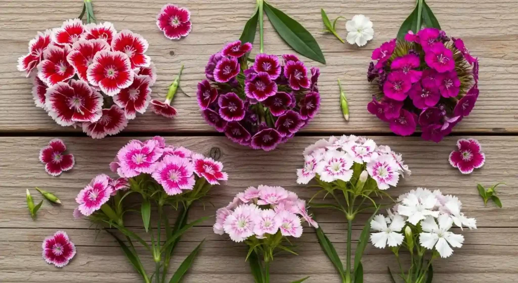 Five popular types of dianthus plants including sweet william, carnations, and cottage pinks displayed side by side