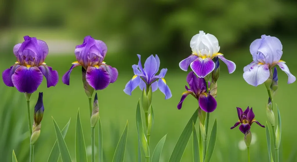 Six different types of iris flower varieties displayed together including bearded, Siberian, and Japanese iris