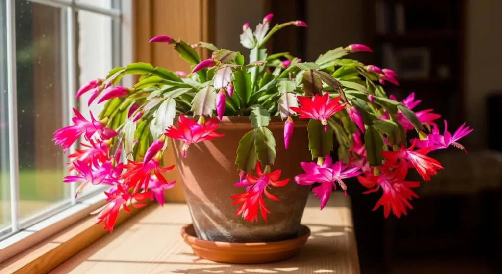 Holiday cactus with vivid pink and red tubular flowers cascading from a terracotta pot on a bright windowsill