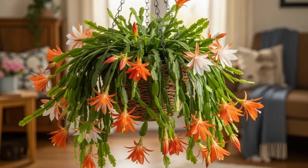 Zygocactus plants with orange and white flowers in an indoor hanging basket
