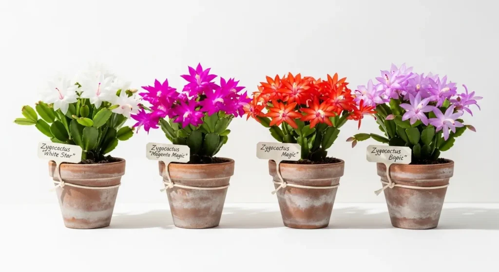 Five types of zygocactus plants displaying white, magenta, orange-red, coral, and lavender-purple blooms in terracotta pots