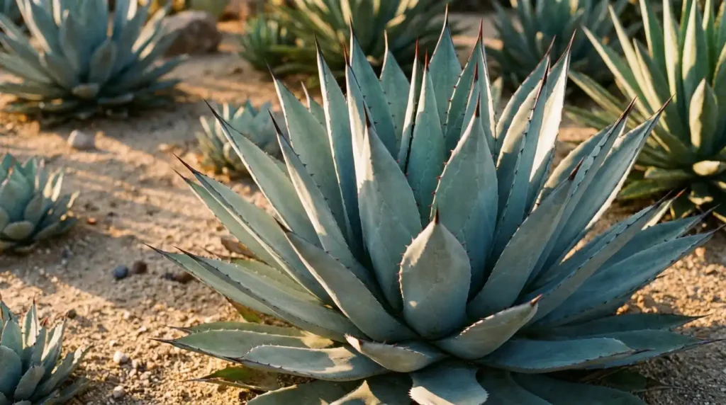 Close-up of agave plants showing dramatic blue-gray rosette with sharp spine-tipped leaves in a sunny garden