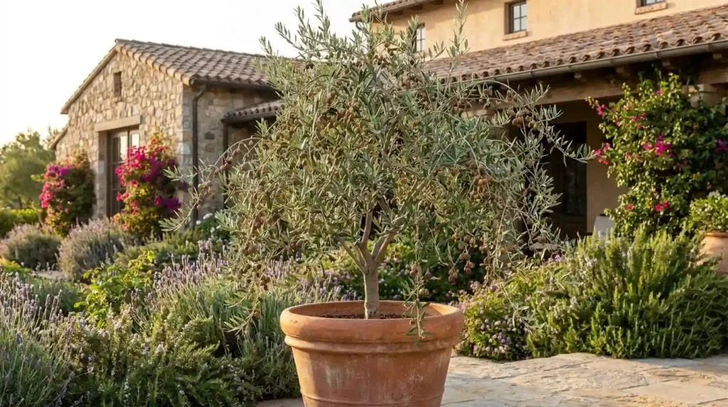 Arbequina olive tree growing in a terracotta pot in front of a Mediterranean house
