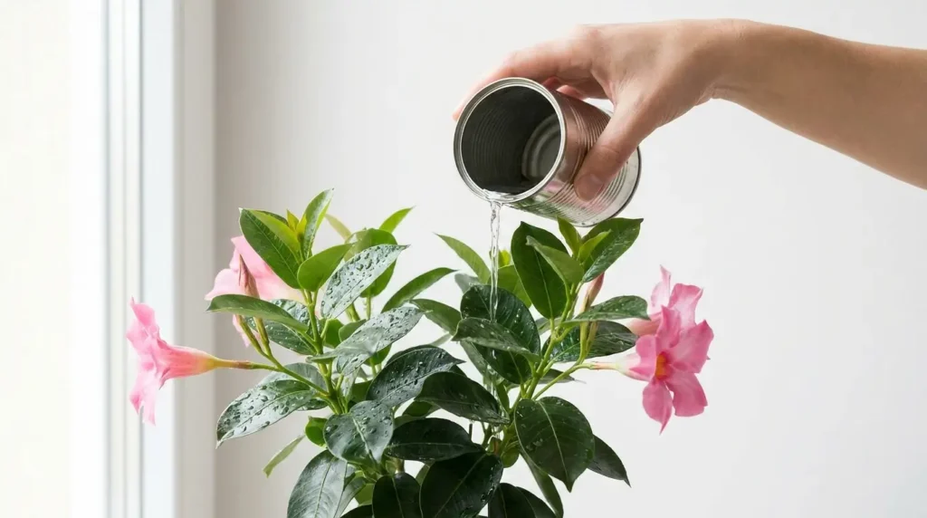 Hands watering a tropical flowering plant indoors near a bright sunny window