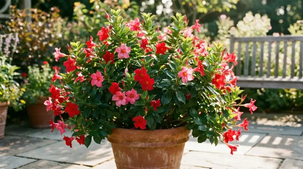 Dipladenia plant with red and pink trumpet-shaped flowers in a terracotta pot