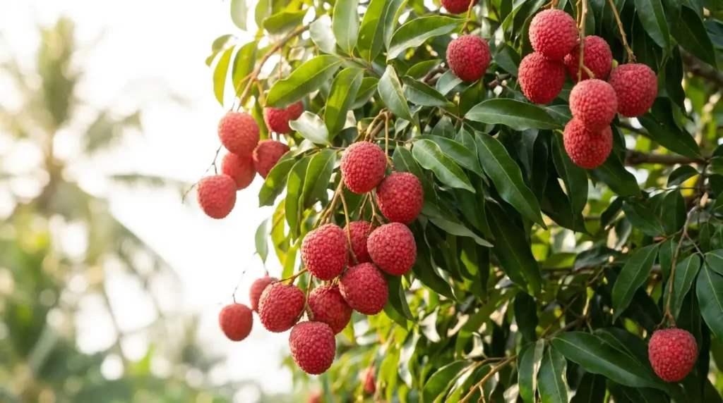 Ripe red fruits hanging from a lychee tree with glossy green leaves