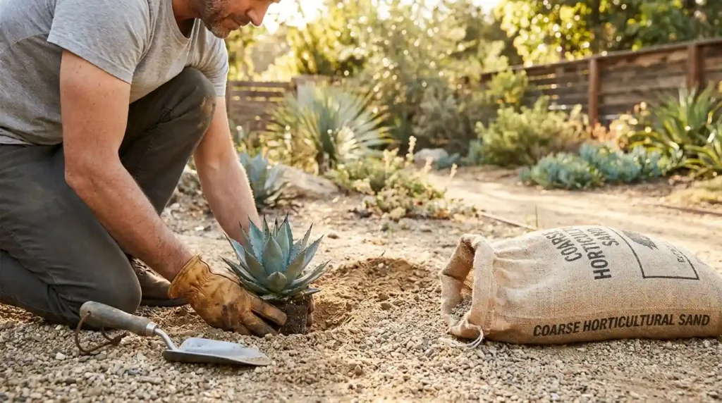 Gardener wearing thick gloves planting a young succulent into sandy well-draining soil in a sunny outdoor garden