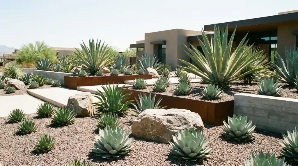 Multiple agave plants of various sizes arranged in a modern xeriscape garden with gravel and ornamental rocks