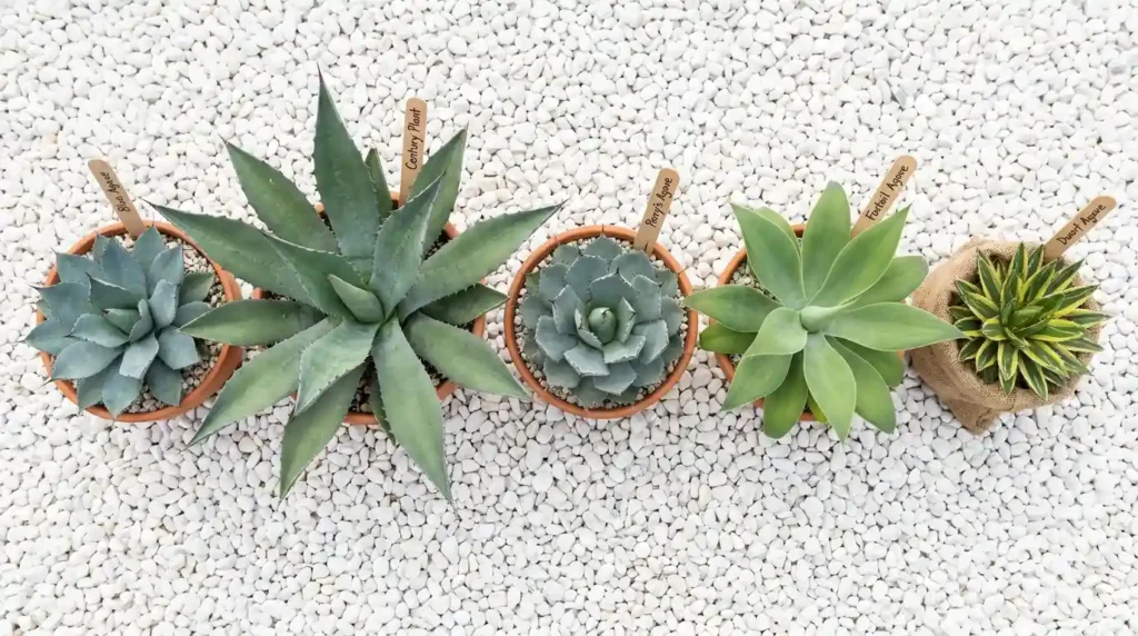 Five types of agave plants displayed side by side showing Blue Agave, Century Plant, Parry's Agave, Foxtail Agave, and Dwarf Agave varieties