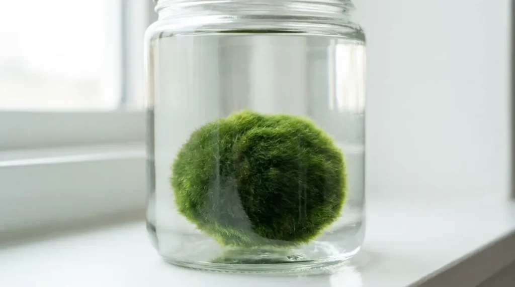 Algae ball plant Marimo in a clear glass jar with clean water on a bright windowsill
