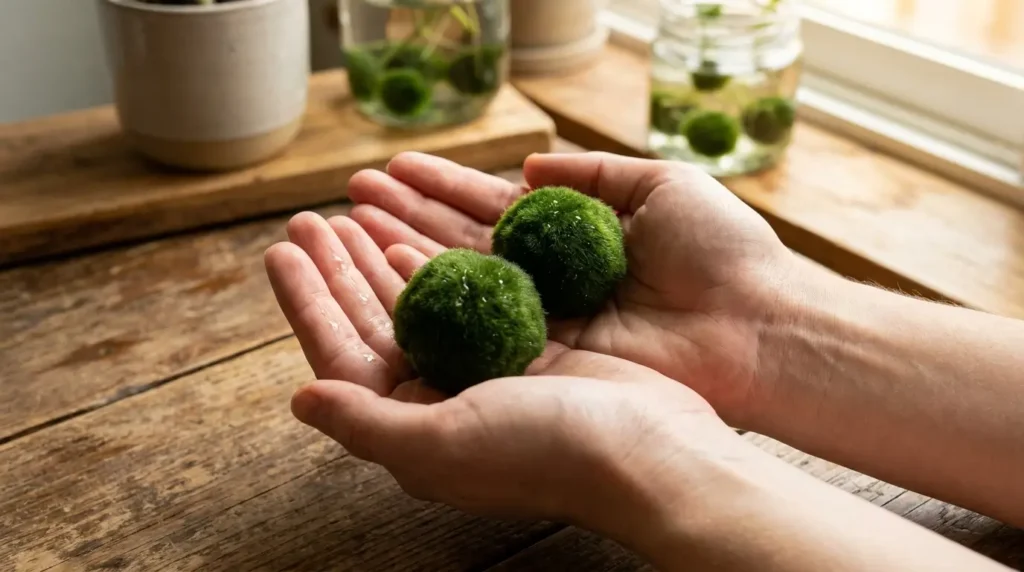 Two freshly divided Marimo moss balls held in open palms showing equal halves after division
