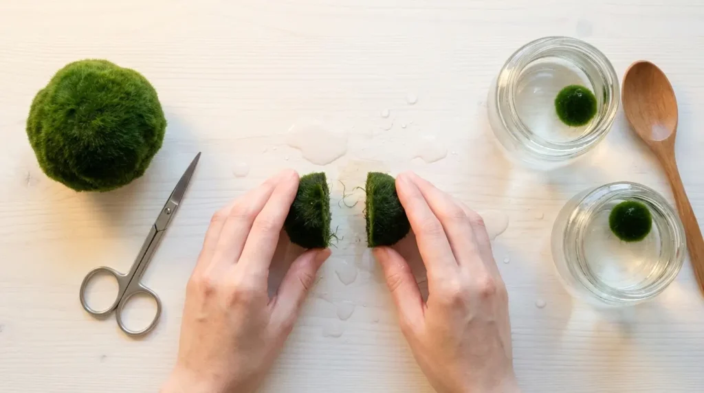 Algae ball plant propagation by division showing a marimo split into two halves and placed in separate glass jars