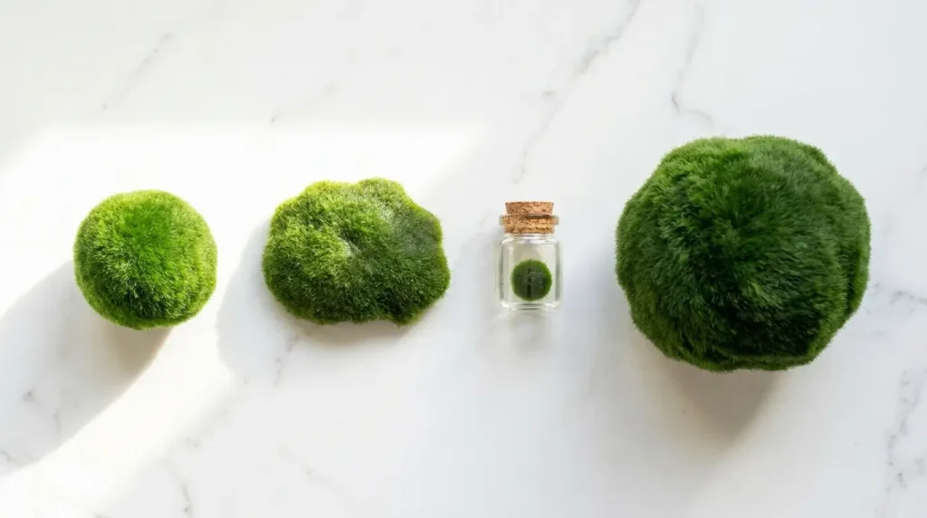 Four types of algae ball plant varieties including classic Lake Akan Marimo, flat Marimo, mini and giant algae balls