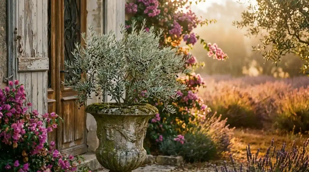 Olive tree in a moss-covered antique stone urn at the entrance of a French farmhouse with bougainvillea and lavender fields at sunrise