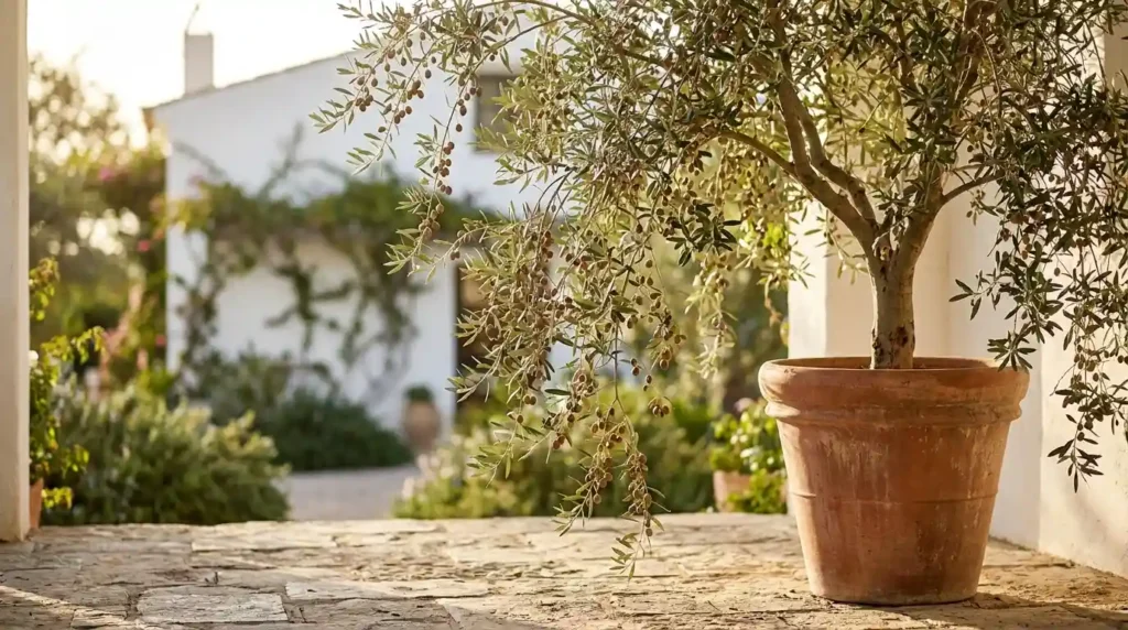 Arbequina olive tree in an aged terracotta pot on a rustic stone porch in front of a whitewashed Mediterranean villa at golden hour