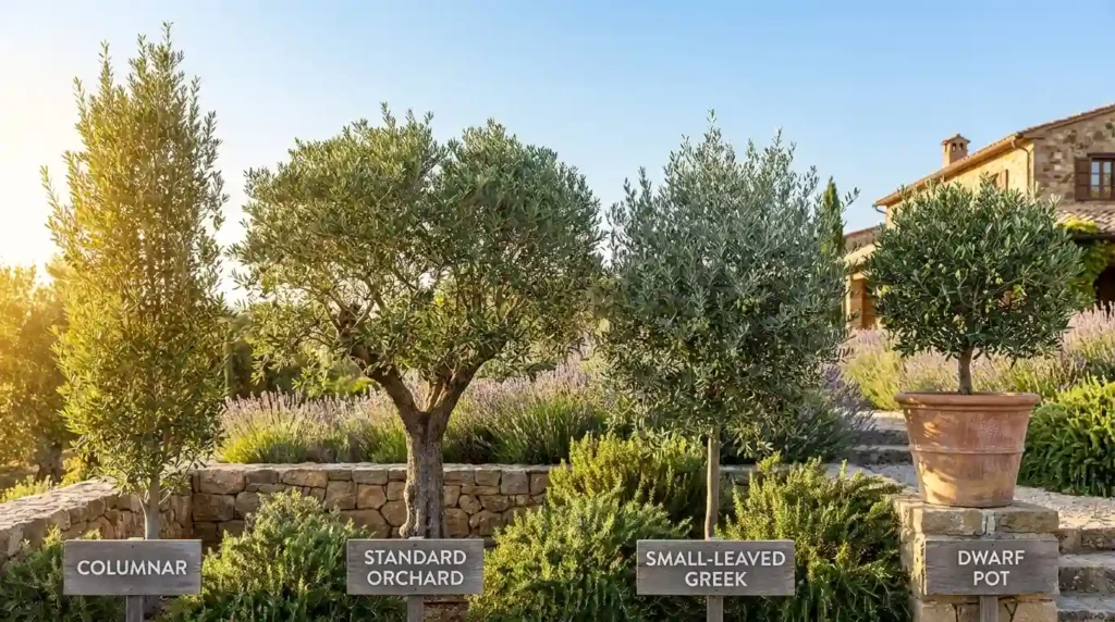 Different types of Arbequina olive tree varieties including Arbequina-i-5, Arbosana, Koroneiki and dwarf Arbequina Patio growing in a Mediterranean garden